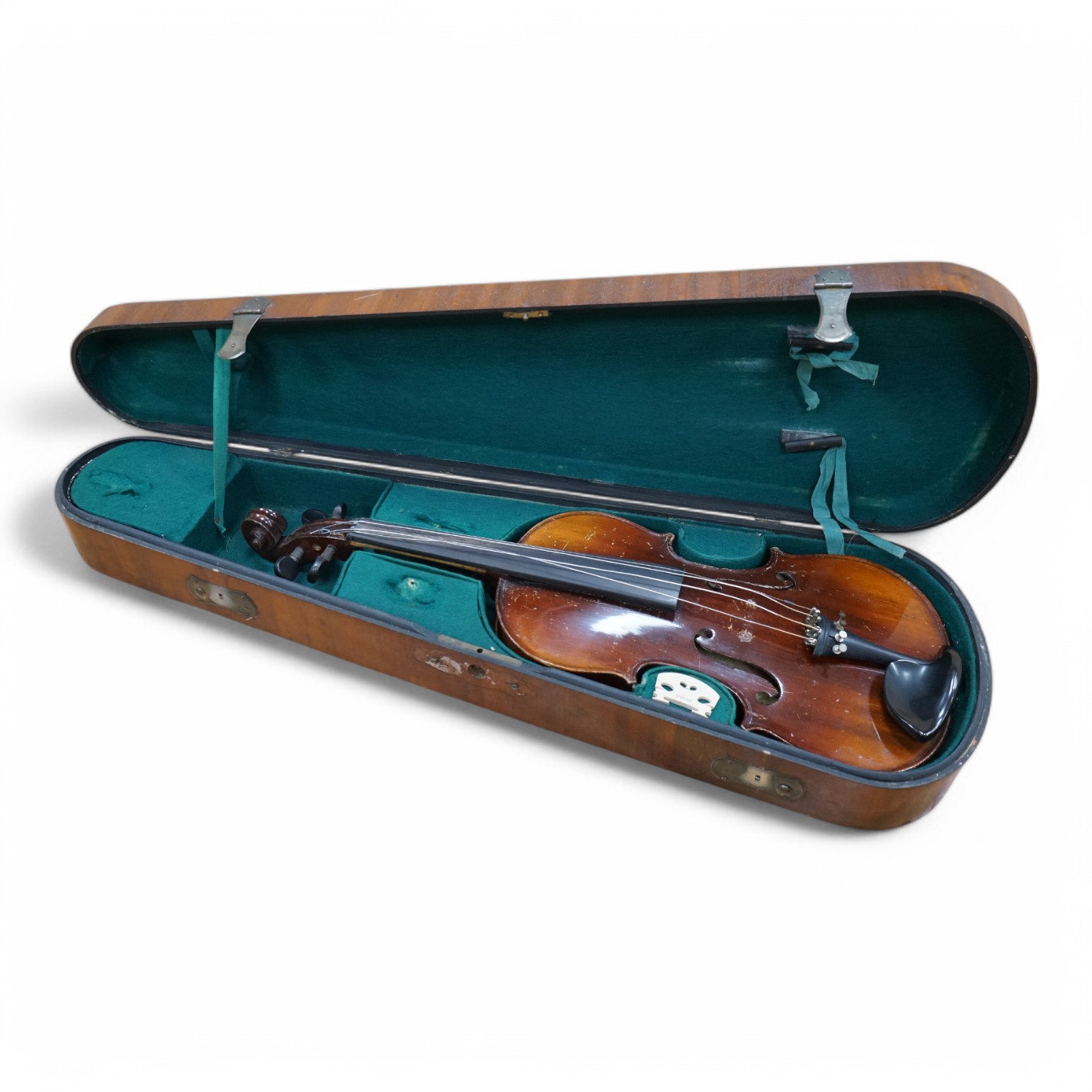 A cased violin, label to interior reads ‘Dulcis et Fortis’, back 36cm. Condition - scratches